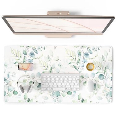 QIYI Large Mouse Pad Cute Green Leaves Desk Mat for Desktop Women Girls Office Dcor Desk Accessories PU Leather Waterproof Gaming Mousepad Eucalyptus Leaf Desk Pad Computer Mat 315 x 157