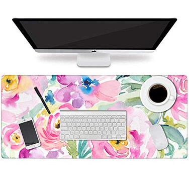 HAOCOO Floral Extended Desk Pad Large Mouse Mat With Edge Stitching 2 MM Thick Waterproof Computer Keyboard Mat NonSlip Rubber Base for Office