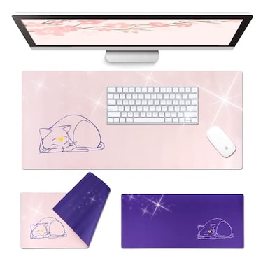 Glopastel Anime Cat Desk Pad Double Sided Large Pastel Pink Purple Waterproof Faux Leather Mat Mousepad Kawaii Cute Desk Office Laptop Keyboard Makeup Blotter Protector