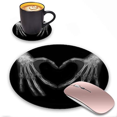 ZOXOHO Round Mouse Pad and Coasters Set Xray Bones of Hands Making The Sign Love Heart Design Mouse Pad NonSlip Rubber Base Mouse Pads for Laptop and Computer Cute Design Desk Accessories