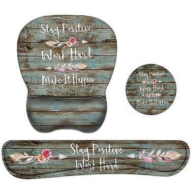 JDHJFBFJNP Mouse Pad Wrist Support and Keyboard Wrist Rest Set with Coasters Inspirational Quote Stay Positive Work Hard and Make It Happen NonSlip PU Base Ergonomic Mousepad for Home Office Working S