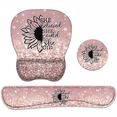 JDHJFBFJNP Mouse Pad Wrist Support and Keyboard Wrist Rest Set with Coasters She Believed She Could So She Did Inspirational Quote with NonSlip PU Base Ergonomic Mousepad for Home Office Working Study
