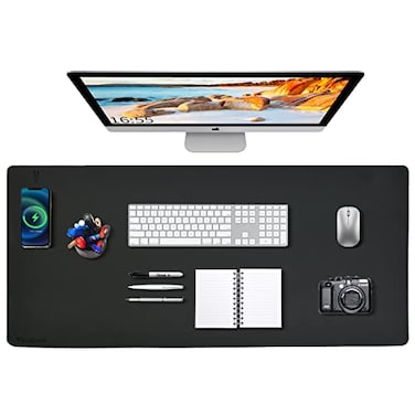 Zakia Desk Mat Wireless Charging Mouse Pad Large 32x16 Journey Desk Pad Mat with Wireless Charger Waterproof Black Leather Computer Mat with Phone Charger Mousepad NonSlip for Keyboard and Mouse