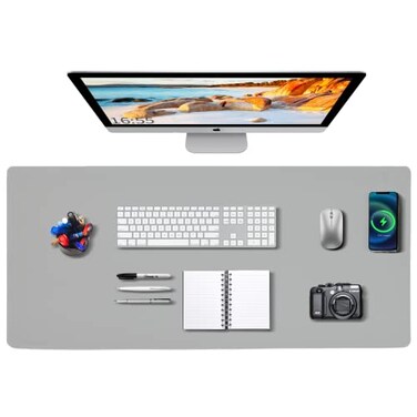 Zakia Desk Mat Wireless Charging Mouse Pad Large 32x16 Journey Desk Pad Mat with Wireless Charger Waterproof Grey Leather Computer Mat with Phone Charger Mousepad NonSlip for Keyboard and Mouse