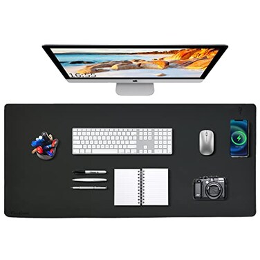 Zakia Desk Mat Wireless Charging Mouse Pad Large 32x16 Journey Desk Pad Mat with Wireless Charger Waterproof Black Leather Computer Mat with Phone Charger Mousepad NonSlip for Keyboard and Mouse