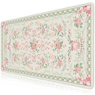 HAOCOO Cute Floral Desk Mat Large Waterproof Mouse Pad Girly Desk Matt for Desktop 354 x 157 NonSlip Keyboard Pad Computer Mat with Stitched Edge Office Decor Home Desk Accessories Green