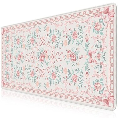 HAOCOO Pink Desktop Mat with Bow Cute Large Mouse Pad for Office NonSlip Waterproof Desk Pad for Keyboard and Mouse Floral Aesthetic Desktop Mat Girly Home Cubicle Supplies