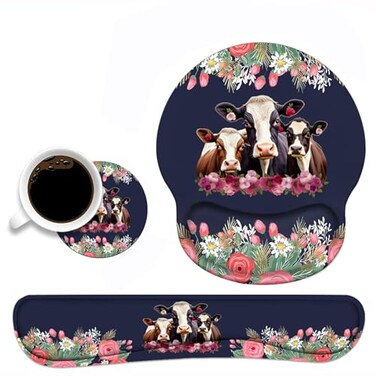 BWOOLL Keyboard Wrist Rest and Mouse Pad Wrist Support Set NonSlip PU Base Ergonomic Gaming Mousepad for Home Office Working Studying Easy Typing Pain Relief Floral Quote Funny Cows Combination