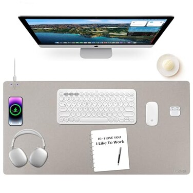 Firelison Wireless Charging Mouse Pad 2 in 1 Leather Multifunctional Office Desk Pad with NonSlip Rubber Base Waterproof Desk pad for ComputersOfficeWorkHomeDecor 32 x 16Grey L