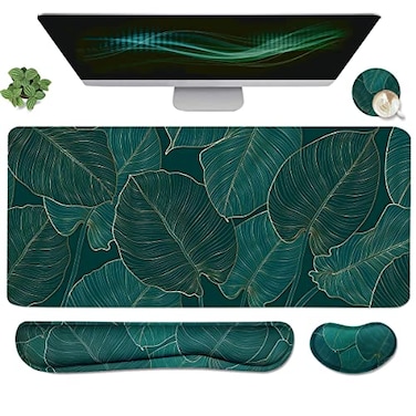 Yunoble Ergonomic Large Mouse Pad and Keyboard Wrist Rest Desk Pad for Keyboard and Mouse 4in1 Large Gaming Mouse Pad with Wrist Support for Home Office Study GameGreen Leaves