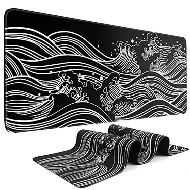 DIGSOM Gaming Mouse Pad Large 315 x 118 in Black and White with Stitching Edges NonSlip Rubber Base Large Mouse Mat and Keyboard Pad Sea Wave