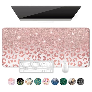 Auhoahsil Large Mouse Pad XXL Desk Pad Extened 35 x 15 NonSlip Rubber Base Stitched Edges Superior Surface Waterproof Keyboard Mat Large Mousepad for Gamer Office Home Pink Gold Leopard
