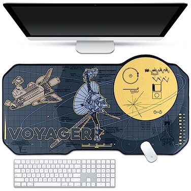 BelugaDesign Space Desk Pad Voyager Spaceship Moon Galaxy Science SciFi Nerdy Mouse Pad Large Gray Gold Keyboard Laptop Gaming Mousepad Machine Washable NonSlip Desk Blotter Protector Mat
