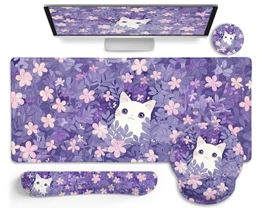 LIMKRIAN Purple Mouse Pad Large Desk Mat Set Kawaii Cat Computer Mouse Pad with Wrist Rest Keyboard Wrist Support XXL Mousepad Cup Coaster Set Cute Purple Office Desk Accessories Cat Decor Supplies