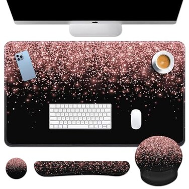 Britimes Rose Gold Pink Keyboard Mouse Pad Set Black Golden 4in1 Large MousepadKeyboard Wrist RestMouse Wrist RestCoaster Ergonomic Design for Home Office Computer 354x157 inches