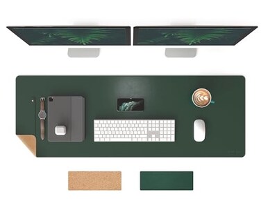 RENMTURE DualSided Mouse Pad Natural Cork PU Leather Large Desk Pad for Office and Home Work Desk Protector NonSlip Waterproof Easy Clean Dark Green 47x17