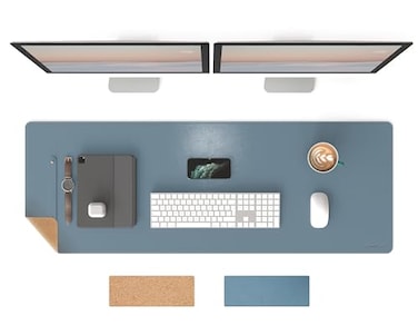 RENMTURE DualSided Mouse Pad Natural Cork PU Leather Large Desk Pad for Office and Home Work Desk Protector NonSlip Waterproof Easy Clean Blue Gray47x17