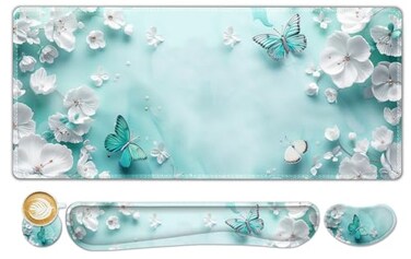 ToLuLu Large Mouse Pad Desk Pad Set Wrist Rest Support Desk Mat for Keyboard and Mouse 4PCS 354x157 XXL Giant Mouse Pad NonSlip Base Stitched Edges Mousepad for Home Office Teal Butterfly