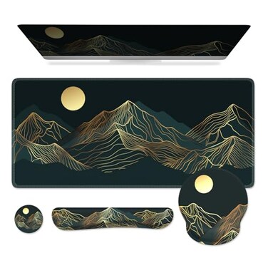 iCasso Large Mouse Pad 4in1 XXL Mousepad Keyboard Wrist RestMouse Wrist RestCoaster Set with Ergonomic Design for ComputerCyanMountain