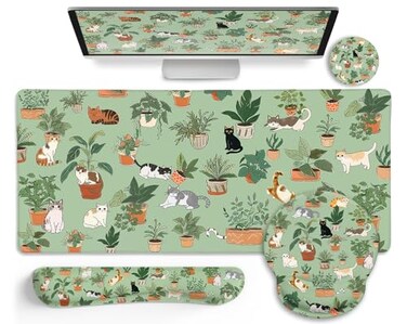 LIMKRIAN Cat Mouse Pad XXL Desk Mat Set Green Ergonomic Mouse Pad with Wrist Rest Large Gaming Mousepad Wrist Support Keyboard Mat Cup Coaster Set Cute Office Desk Decor Accessories