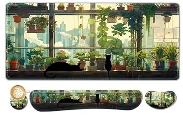 ToLuLu Extended Gaming Mouse Pad Memory Foam Ergonomic Keyboard Mouse Wrist Rest Support Set Large Desk Mat with Stitched Edges NonSlip Base Mousepad Home Office Cute Green Japanese Kawaii Cat