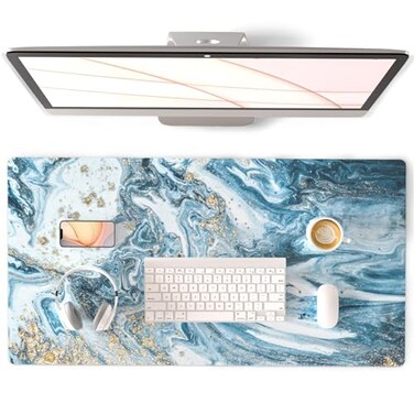 QIYI Large Desk Pad Keyboard Mouse Pad Desktop Decor Waterproof PU Leather Desk Cover Protector Desk Accessories for Office Home Work Writing Gaming 315 x 157 Blue Marble