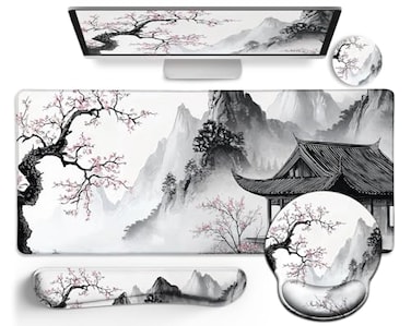 LIMKRIAN Japanese Ergonomic Mouse Pad Large Desk Mat Set XXL Anime Mousepad with Wrist Rest Wrist Support Gaming Keyboard Mat Cup Coaster Set Japanese Style Office Desk Accessories Decor