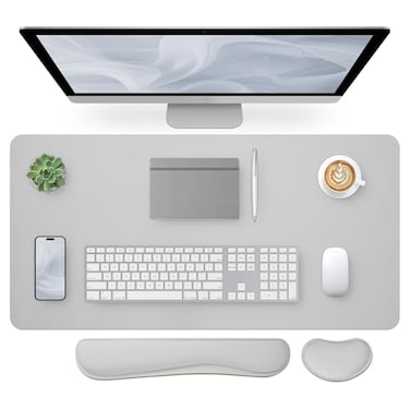 Bloss Leather Desk Pad and Keyboard Wrist Rest Large Mouse Pad Keyboard PadMouse Wrist Support NonSlip Desk Mat Protector for Office Home354157 Inches Light Grey