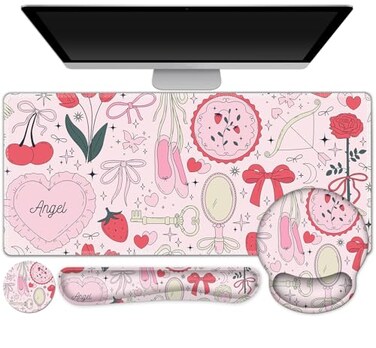 ToLuLu Gaming Mouse Pad Large Desk Mat Cute Desk Pad Protector 4in1 XXL Mousepad Keyboard Wrist RestMouse Wrist RestCoaster Set with Ergonomic Desk Pad for Home Office Computer Adorable Rose Bow