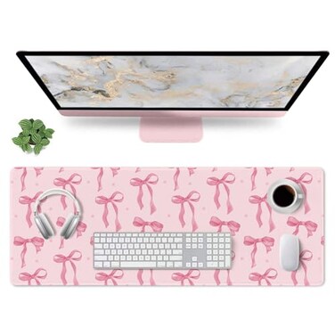 Wirfray Pink Mouse Pad Large Pink Desk Mat Bows Computer Mat Gaming Keyboard and Mouse Pad NonSlip Rubber Base Stitched Edge Cute Girly Office Supplies Desk Accessories Decor for Women 315 x 118in
