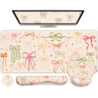 iCasso Desk Pad Mat Large Mouse Pad and Keyboard Wrist Rest Set Desk Protector Mat4in1 Ergonomic Carpal Tunnel Keyboard Pad with Wrist Support for Desktop Home Office Computer Colorful Ribbon
