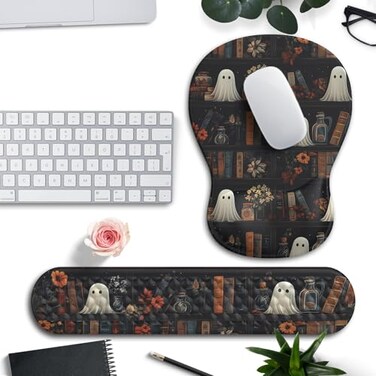 Mechanical Cattle Ghost Book Mousepad with Wrist Rest Halloween Computer Keyboard Mouse Pad Black Cute Mouse Pad with Wrist Rest for Computer Keyboard 2 In1 Mousepad with Wrist Support Easy TypingReli