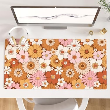 Colorful Star Large Mouse Pad PU Leather Waterproof Desk Mat Computer Gaming Mouse Pad XXL Full Desk Mousepad Non Slip Desk Pad for School Office Home 315 x 157 Retro Flowers