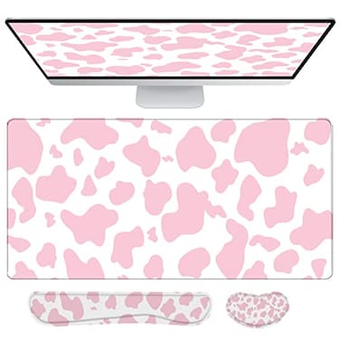 Deokke 3Pcs Large Gaming Mouse Pad Desk MatKeyboard Mouse Wrist Rest Support SetExtended Laptop Mouse Pad Memory Foam NonSlip Base for Gamer Home Office315x157inPink Cow Pattern