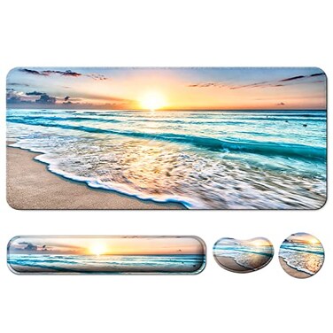 Wiabsi Keyboard Wrist Rest Mouse Pad with Wrist Support Desk Mat Coaster 4 in 1 Set XXL Large Gaming Mousepad Cute Ergonomic Mouse Pads for Desk Computer Laptop Office DecorBeach