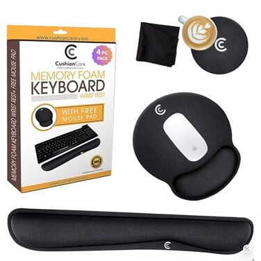 CushionCare 4pc Wrist Rests for Keyboard and Mouse Pad Set Memory Foam Cushion Black Ergonomic Wrists Hand Arm Rest Support for Laptop Computer Desk and Gaming Carpal Tunnel Syndrome Relief