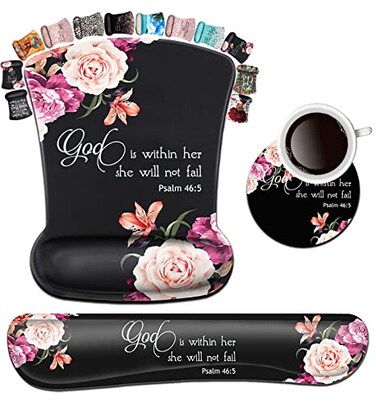 FDHHKJUKO Keyboard Wrist Rest Pad and Ergonomic Mouse Pad Wrist Support Set Psalm 465 God is Within Her She Will Not Fall Peony Flower for Gaming Office Comfortable and Pain Relief with Coaster Set