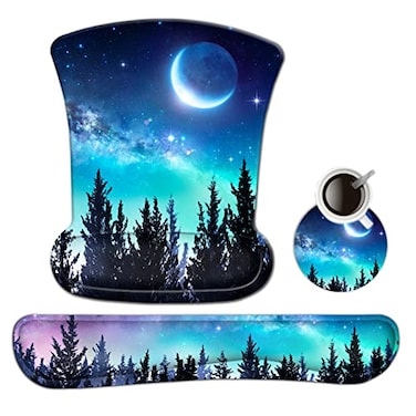 AIMSA Ergonomic Keyboard Wrist Rest and Mouse Pad with Wrist Support Set Memory Foam NonSlip Rubber Base for Gaming Working Home Office Easy Typing Pain Relief Forest Moon Sky