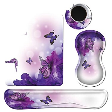 BVDIKMI Keyboard Wrist Rest Mouse Pad Mouse Wrist Rest Support Set Coaster Ergonomic Memory Foam Mouse and Keyboard Pad Set for Laptop Computer Office Home Working Gaming Purple Butterfly