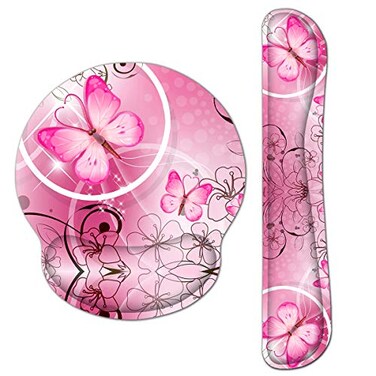 RICHEN Keyboard Wrist Rest and Mouse Pad with Wrist Support Memory Foam Set for Gaming and Office Comfortable Lightweight for Easy Typing Pain Relief Pink Butterfly
