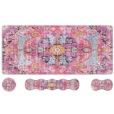 iLeadon Desk Mat Set Mouse Pad with Wrist Rest Keyboard Wrist Rest Large Mouse Pad Coaster 4in1 Rug Large Gaming Mouse Pad Set for Home Office Boho Retro Art