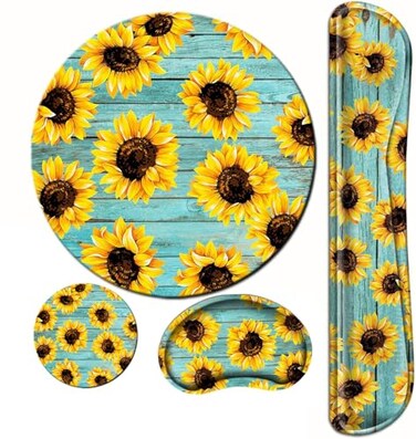 BBSujane Sunflower Mouse Pad and Keyboard Wrist Rest Ergonomic Wrist pad for Keyboard and Mouse Mat Set 4 in 1 Mousepad with Wrist Support Memory Foam Computer Mat
