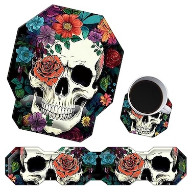 BPQOJB Keyboard Wrist Rest Mouse pad Wrist Support Set Ergonomic Gaming Mouse Pad Coaster Keyboard Wrist Support with Memory Foam for Easy Typing Pain Relief Cute Skull Flowers