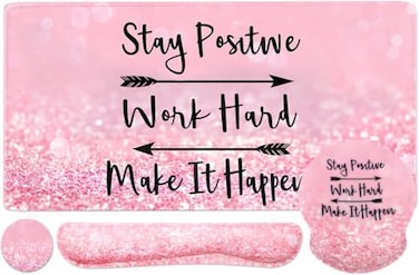 Yunoble 4in1 Gaming Mouse Pad Wrist Support SetDesk Pad Mouse Pad with Wrist Rest Keyboard Wrist Rest Coaster Ergonomic Design for Home Office Study Game Pink Stay Positive