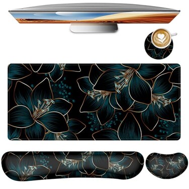 Jinaply Keyboard Mouse Pad SetLarge Gaming Mouse PadKeyboard Wrist RestWrist RestCoasterComputer Desk pad Set Wrist Support for Office Desktop Laptop 354 x 157 Extended Desk Mat Floral
