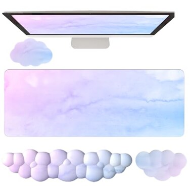 WFCYGL Cloud Mouse Pad and Keyboard Wrist Rest 4PCS Extended Large Desk Mat Pad Set Memory Foam NonSlip Ergonomic Gaming Mouse Pad Wrist Support for Computer Laptop Home Office Cute Pink Blue Sky