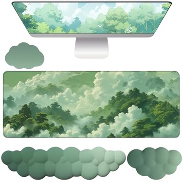 WFCYGL Green Cloud Mouse Pad and Keyboard Wrist Rest 4PCS Extended Forest Mountain Aesthetic Large Desk Mat Pad Set Memory Foam NonSlip Cute Ergonomic Gaming Mouse Pad Wrist Support for Computer Home