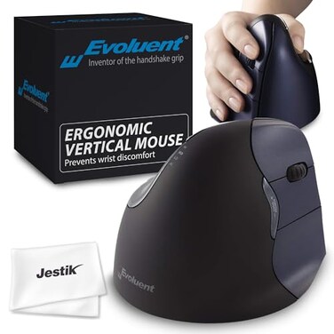 Evoluent Jestik Mouse VM4RW VerticalMouse 4 Right Hand Ergonomic Design Vertical Mouse with Wireless Connection for Comfort and Precision Plus Microfiber Cloth Regular Size