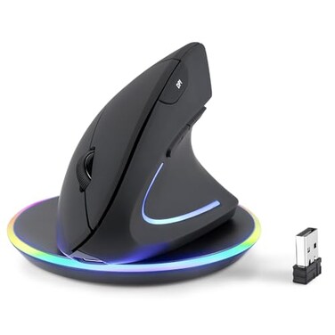 Perixx PERIMICE713RX Wireless Rechargeable Vertical Mouse Duo Wired and Wireless Charging Feature Charging Pad Included 6 Buttons Design Black RightHanded Design
