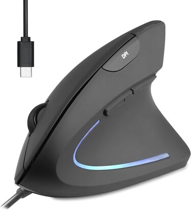 Perixx PERIMICE513C Wired Vertical USBC Mouse 6 Buttons Adjustable 10001600 DPI RightHanded 59ft Cable Black